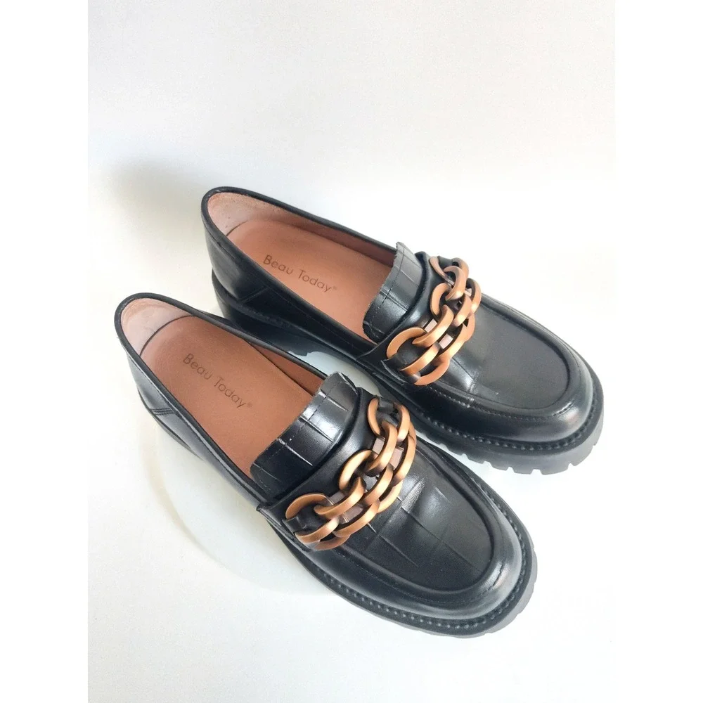 Beau Today Platform Loafers 6.5 Black Leather Chain Lug Sole Dark Academia Goth